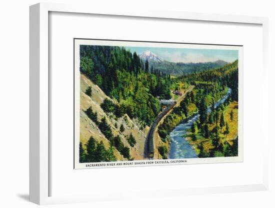 Castella, California - Aerial View of the Sacramento River and Mount Shasta from the Town, c.1936-Lantern Press-Framed Art Print