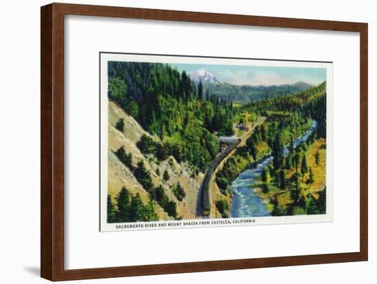 Castella, California - Aerial View of the Sacramento River and Mount Shasta from the Town, c.1936-Lantern Press-Framed Art Print