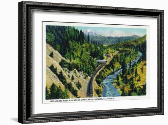 Castella, California - Aerial View of the Sacramento River and Mount Shasta from the Town, c.1936-Lantern Press-Framed Art Print