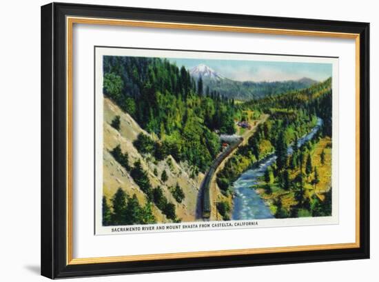 Castella, California - Aerial View of the Sacramento River and Mount Shasta from the Town, c.1936-Lantern Press-Framed Art Print