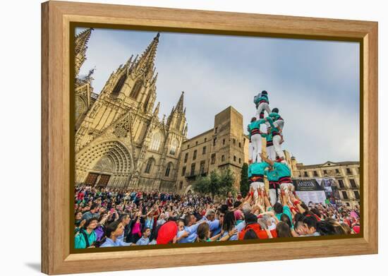 Castellers or Human Tower Exhibiting in Front of the Cathedral, Barcelona, Catalonia, Spain-Stefano Politi Markovina-Framed Premier Image Canvas