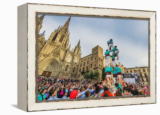 Castellers or Human Tower Exhibiting in Front of the Cathedral, Barcelona, Catalonia, Spain-Stefano Politi Markovina-Framed Premier Image Canvas