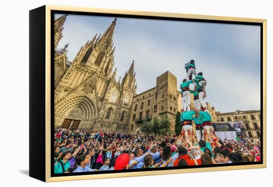 Castellers or Human Tower Exhibiting in Front of the Cathedral, Barcelona, Catalonia, Spain-Stefano Politi Markovina-Framed Premier Image Canvas