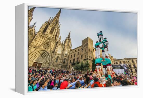 Castellers or Human Tower Exhibiting in Front of the Cathedral, Barcelona, Catalonia, Spain-Stefano Politi Markovina-Framed Premier Image Canvas