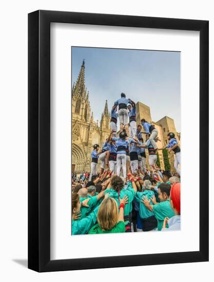 Castellers or Human Tower Exhibiting in Front of the Cathedral, Barcelona, Catalonia, Spain-Stefano Politi Markovina-Framed Photographic Print