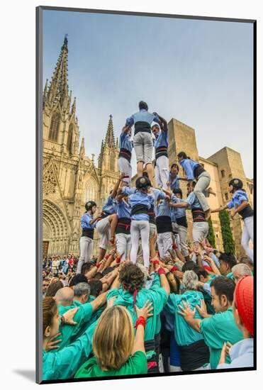 Castellers or Human Tower Exhibiting in Front of the Cathedral, Barcelona, Catalonia, Spain-Stefano Politi Markovina-Mounted Photographic Print