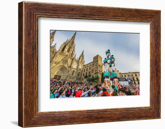 Castellers or Human Tower Exhibiting in Front of the Cathedral, Barcelona, Catalonia, Spain-Stefano Politi Markovina-Framed Photographic Print