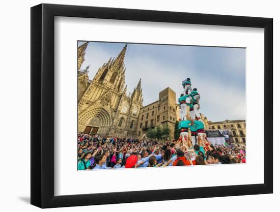 Castellers or Human Tower Exhibiting in Front of the Cathedral, Barcelona, Catalonia, Spain-Stefano Politi Markovina-Framed Photographic Print