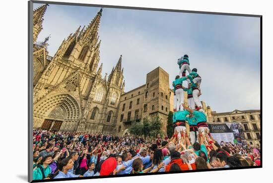 Castellers or Human Tower Exhibiting in Front of the Cathedral, Barcelona, Catalonia, Spain-Stefano Politi Markovina-Mounted Photographic Print