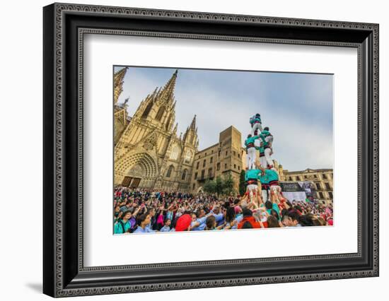 Castellers or Human Tower Exhibiting in Front of the Cathedral, Barcelona, Catalonia, Spain-Stefano Politi Markovina-Framed Photographic Print