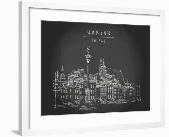 Castle Square in Old Center of Warsaw, Poland. Historic Buildings. Travel Sketch, Hand Lettering. W-babayuka-Framed Art Print