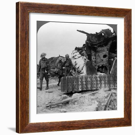 Casualties from the Front Pass Destroyed Tanks, Villers-Bretonneux, France, World War I, 1918-null-Framed Photographic Print