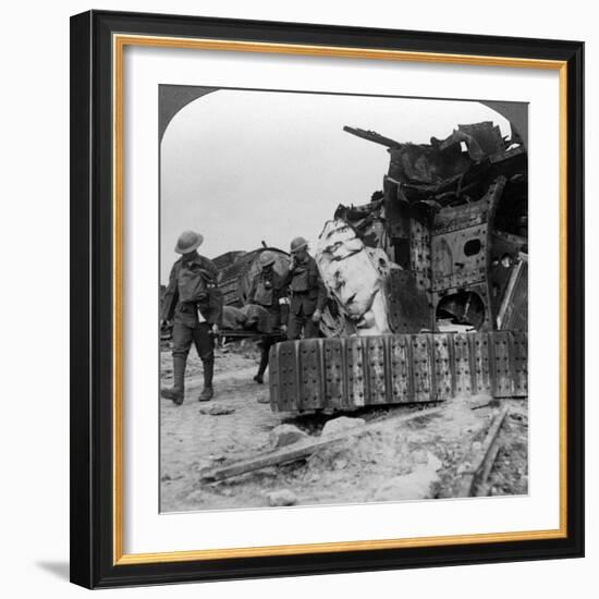 Casualties from the Front Pass Destroyed Tanks, Villers-Bretonneux, France, World War I, 1918-null-Framed Photographic Print