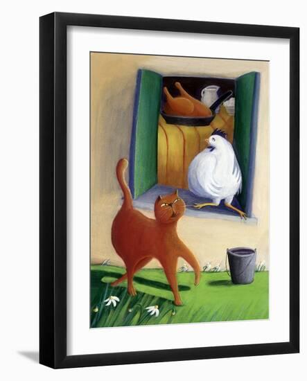 Cat and Chicken in the Yard of the Farm - Illustration by Patrizia La Porta-Patrizia La Porta-Framed Giclee Print