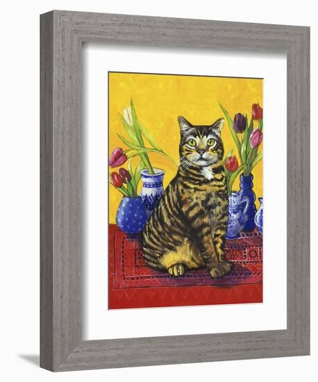 Cat and Tulips II (Chat Tulipes II)-Isy Ochoa-Framed Giclee Print