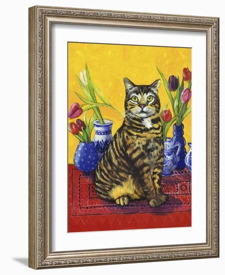 Cat and Tulips II (Chat Tulipes II)-Isy Ochoa-Framed Giclee Print