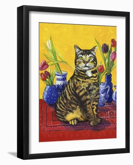 Cat and Tulips II (Chat Tulipes II)-Isy Ochoa-Framed Giclee Print