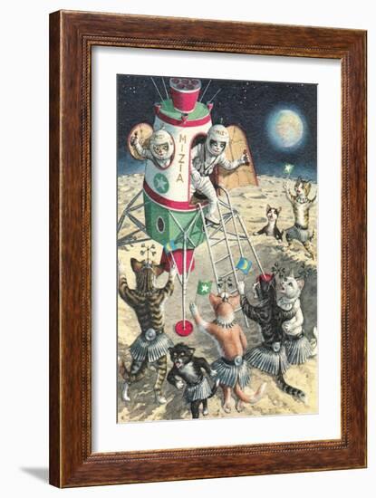 Cat Astronauts Landing on Female Cat Planet-null-Framed Art Print