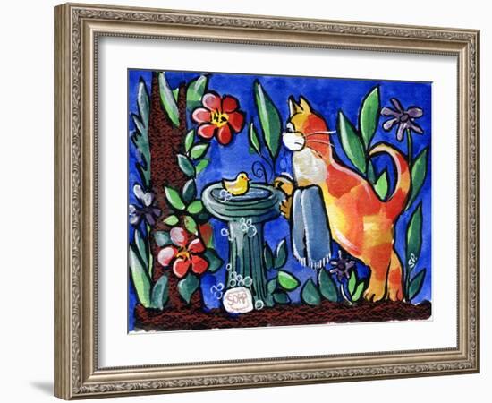 Cat Birdbath-sylvia pimental-Framed Art Print