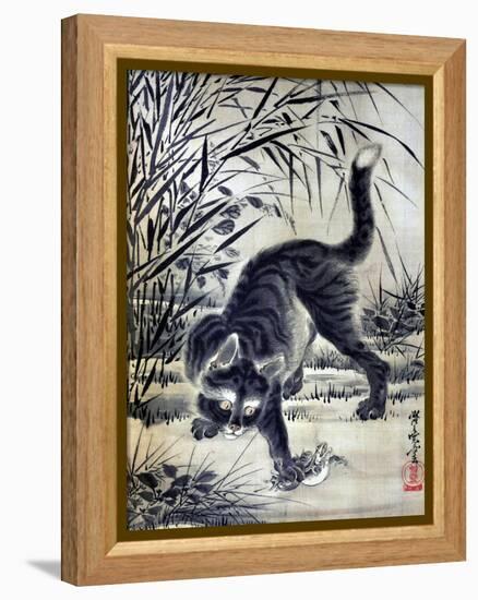 Cat Catching a Flog-Kyosai Kawanabe-Framed Premier Image Canvas