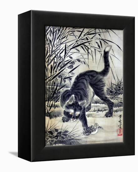 Cat Catching a Flog-Kyosai Kawanabe-Framed Premier Image Canvas