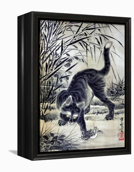 Cat Catching a Flog-Kyosai Kawanabe-Framed Premier Image Canvas