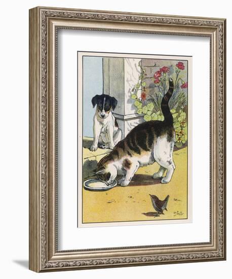 Cat Drinks a Saucer of Milk at a Doorstep Whilst Watched by a Dog-W. Foster-Framed Art Print