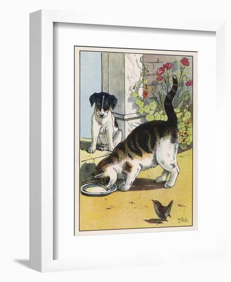 Cat Drinks a Saucer of Milk at a Doorstep Whilst Watched by a Dog-W. Foster-Framed Art Print