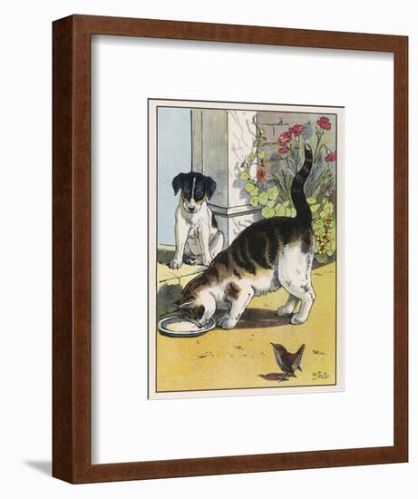 Cat Drinks a Saucer of Milk at a Doorstep Whilst Watched by a Dog-W. Foster-Framed Art Print