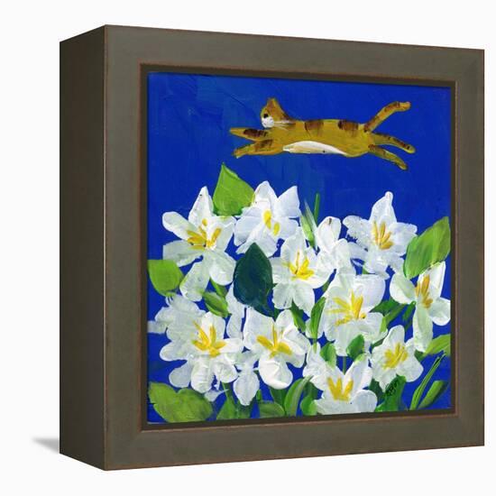 Cat Flying Over Flowers-sylvia pimental-Framed Stretched Canvas