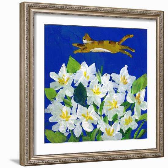 Cat Flying Over Flowers-sylvia pimental-Framed Art Print