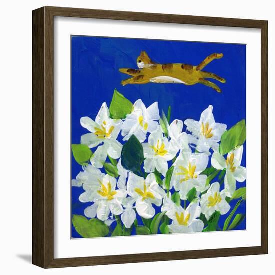 Cat Flying Over Flowers-sylvia pimental-Framed Art Print