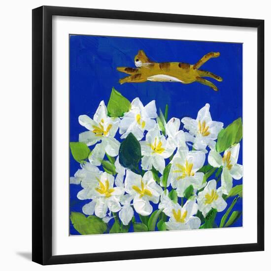 Cat Flying Over Flowers-sylvia pimental-Framed Art Print