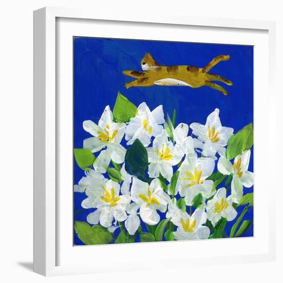 Cat Flying Over Flowers-sylvia pimental-Framed Art Print