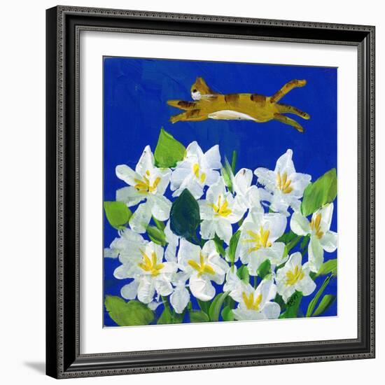 Cat Flying Over Flowers-sylvia pimental-Framed Art Print