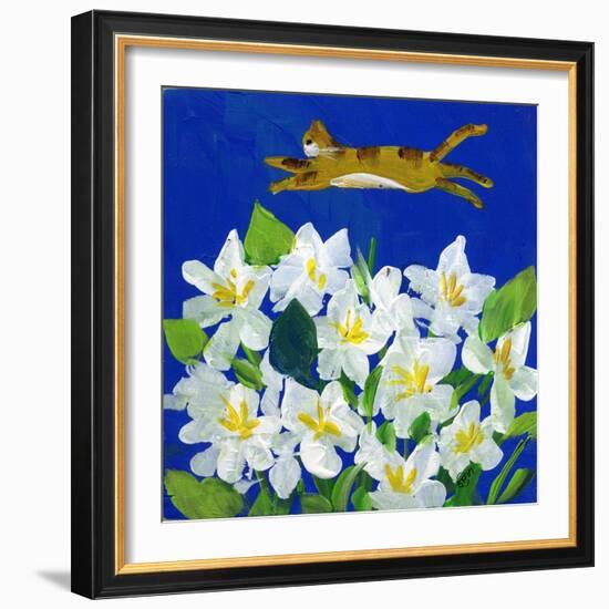 Cat Flying Over Flowers-sylvia pimental-Framed Art Print