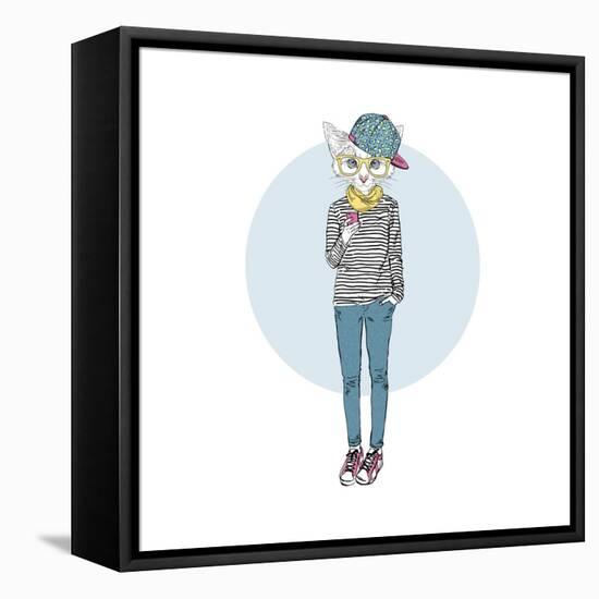 Cat Girl in Stripy Top with Phone-Olga_Angelloz-Framed Stretched Canvas