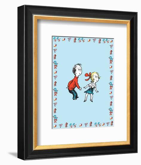 Cat in Hat Blue Border Collection II - Sally & Her Brother (blue bordered)-Theodor (Dr. Seuss) Geisel-Framed Art Print