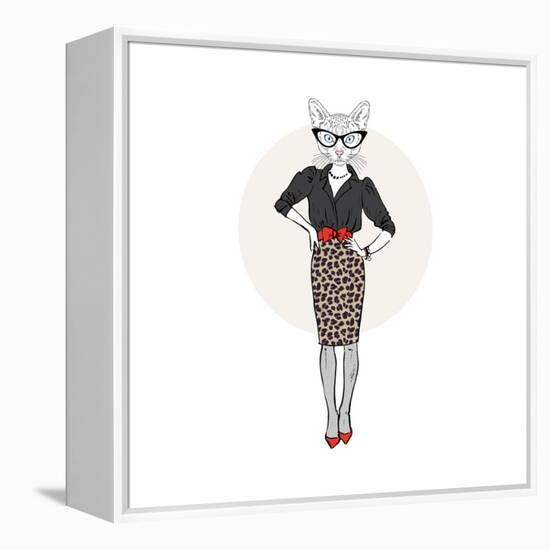 Cat Lady in Leopard Print Skirt-Olga_Angelloz-Framed Stretched Canvas