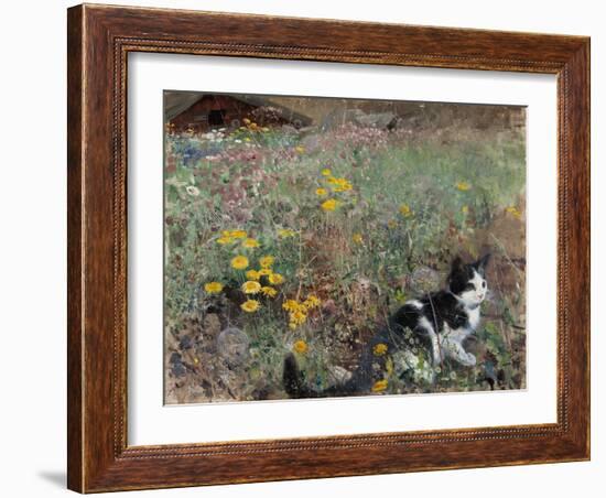 Cat on a Flowery Meadow, 1887, by Bruno Liljefors, 1860–1939, Swedish painting,-Bruno Liljefors-Framed Art Print