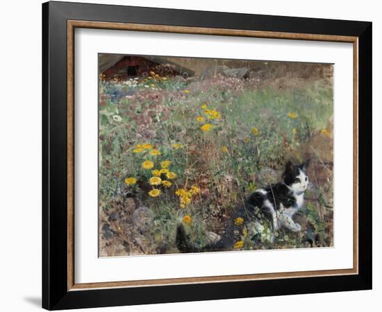 Cat on a Flowery Meadow, 1887, by Bruno Liljefors, 1860–1939, Swedish painting,-Bruno Liljefors-Framed Art Print