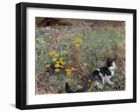 Cat on a Flowery Meadow, 1887, by Bruno Liljefors, 1860–1939, Swedish painting,-Bruno Liljefors-Framed Art Print