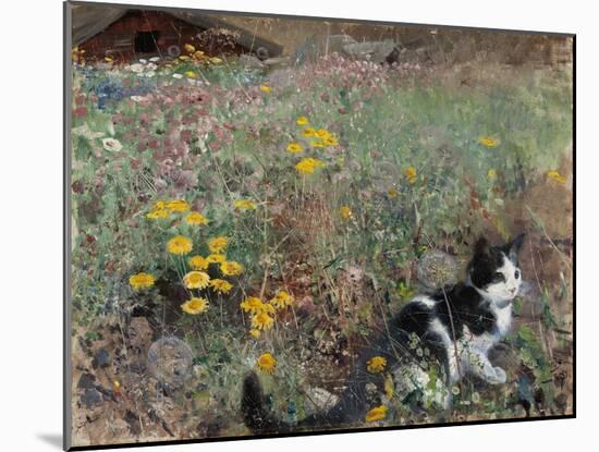 Cat on a Flowery Meadow, 1887, by Bruno Liljefors, 1860–1939, Swedish painting,-Bruno Liljefors-Mounted Art Print