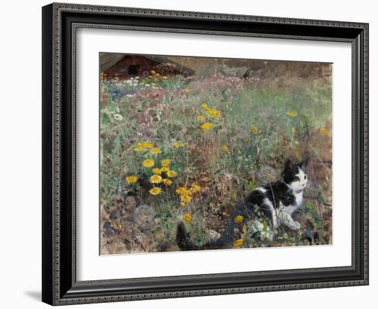Cat on a Flowery Meadow, 1887, by Bruno Liljefors, 1860–1939, Swedish painting,-Bruno Liljefors-Framed Art Print