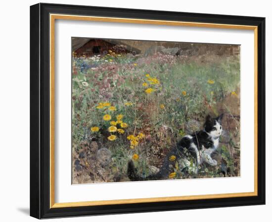 Cat on a Flowery Meadow, 1887, by Bruno Liljefors, 1860–1939, Swedish painting,-Bruno Liljefors-Framed Art Print