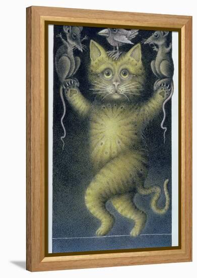 Cat on a Tightrope, Balancing with Bird and Mice-Wayne Anderson-Framed Premier Image Canvas