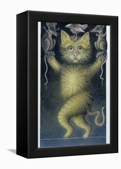 Cat on a Tightrope, Balancing with Bird and Mice-Wayne Anderson-Framed Premier Image Canvas