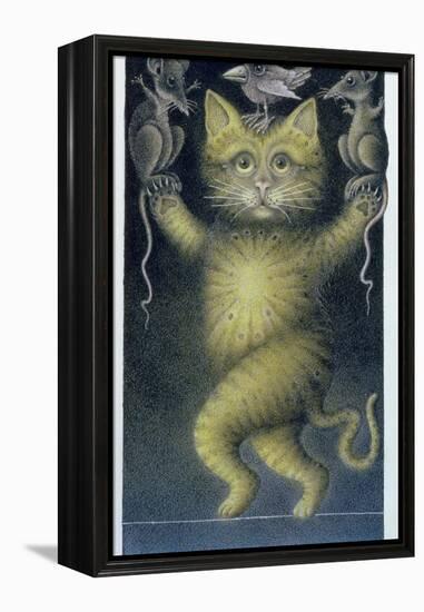 Cat on a Tightrope, Balancing with Bird and Mice-Wayne Anderson-Framed Premier Image Canvas