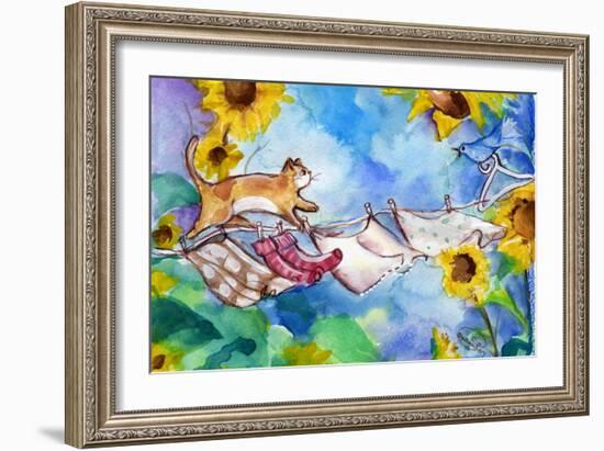 Cat on Clothesline Laundry Day-sylvia pimental-Framed Art Print