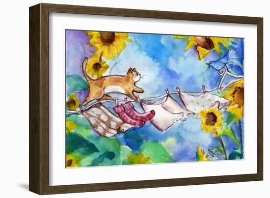 Cat on Clothesline Laundry Day-sylvia pimental-Framed Art Print